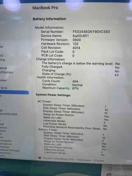 apple macbook pro 16 inch 
M2 pro 
ram 16G 
ssd 512G 
بطاريه 87‎%‎ 
نضافه 95‎%‎ 
مع شاحنه اصليه فقط 
السعر : 1،750،000 سعر نهائي 
بغداد - المنصور 
***********
