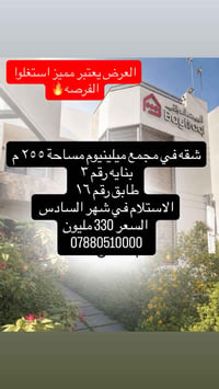 شقه في مجمع ميلينيوم مساحة ٢٥٥ م  بنايه رقم ٣  طابق رقم ١٦  الاستلام ف...