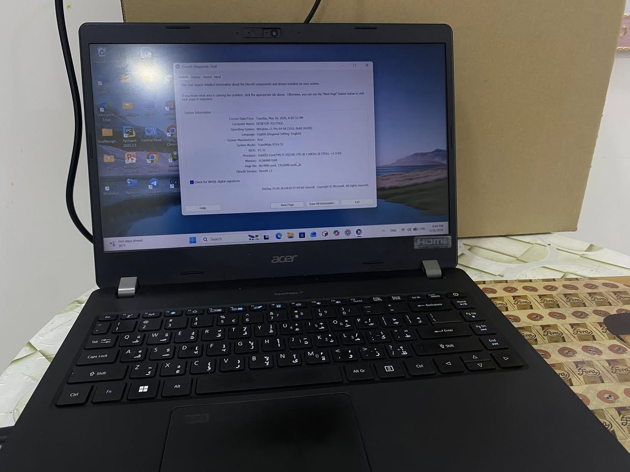 🔥  للبيع لابتوب Acer بحالة ممتازة جداً 🔥
#الحاسبة_مستخدمة_شهر_واحد_بحث_تخرج

💻 الموديل: Acer TravelMate P214-52

⚡ المعالج: Intel Core i5-10210U الجيل العاشر

🧠 الرام: 16GB

🎮 كرت الشاشة: Intel UHD Graphics

💾 مناسب للدراسة، البرمجة، التصميم الخفيف، والأعمال اليومية

🪟 نظام: Windows 11 Pro

📺 يدعم HDMI + USB 3.0 + Webcam + Card Reader

✅ الجهاز نظيف جداً ومرتب

✅ الشاشة والكيبورد بحالة ممتازة

✅ الحرارة والأداء ممتازين

✅ ويا الشاحن الأصلي + الكارتون + حقيبة لابتوب

🔋 البطارية جيدة

📍المعاينة خير دليل

للاستفسار خاص 📩

او على الرقم (‭0773 483 2843‬)
