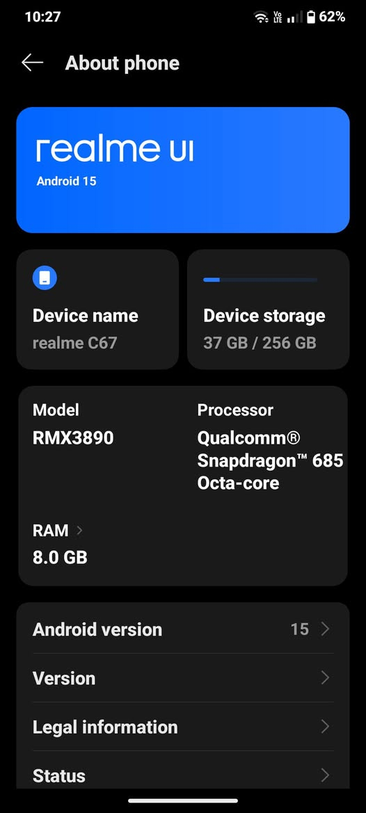 ريلمي C67
جهاز اخو الجديد 
ذاكرة 256 
معالج سناب دراگن 685 
بطارية 5000
بدون ملحقات 
سعره 130 
ناصرية مركز ***********
