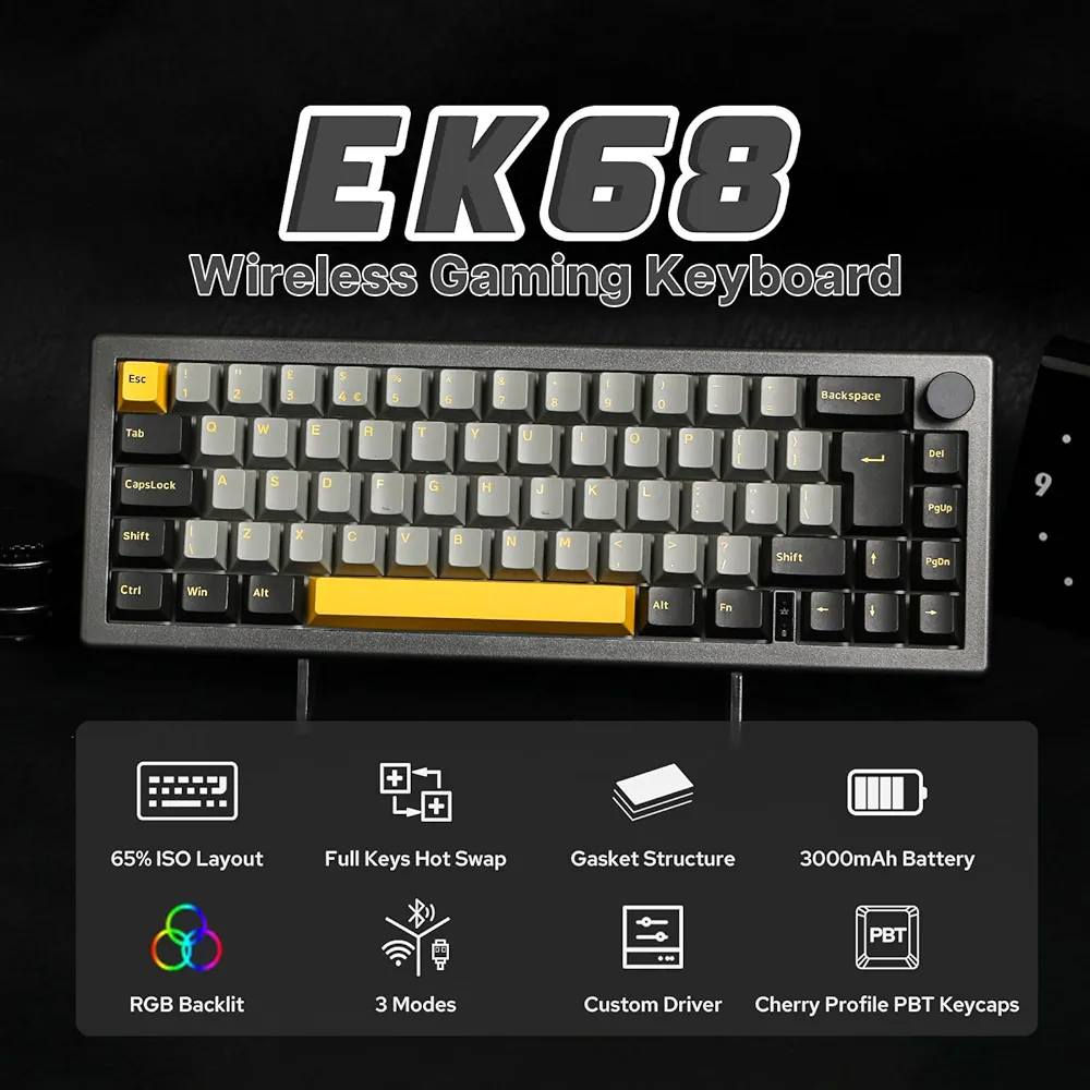 كيبورد ميكانيكي RGB وايرلس EPOMAKER EK68
السعر 75,000 دينار فقط 🔥

⌨️ تصميم Gasket Mount احترافي يمنحك صوت أنظف وإحساس كتابة أنعم من أنظمة التثبيت التقليدية، مما يقلل تعب اليد أثناء الاستخدام الطويل سواء للألعاب أو الطباعة.
🔋 ثلاثة أوضاع اتصال تدعم Bluetooth 5.0 و2.4GHz اللاسلكي إضافة إلى كابل USB-C، مع بطارية قوية 3000mAh لتجربة مرنة وسريعة بدون تأخير وسهولة تبديل بين الأجهزة.
🎮 حجم 65% مدمج (66 زر + مقبض تحكم) تصميم عملي يوفر المساحة مع الحفاظ على أهم الوظائف، خفيف وسهل الحمل ومناسب لجلسات اللعب الطويلة مع إضاءة RGB جذابة قابلة للتخصيص.
🔧 مفاتيح Hot-Swap وN-Key Rollover كامل يمكنك تغيير السويتشات بسهولة بدون لحام ومتوافق مع أغلب مفاتيح MX مثل Cherry وGateron وغيرها، مع تسجيل ضغطات دقيقة حتى عند الضغط على عدة أزرار معاً.
✨ أزرار PBT Double Shot وإضاءة RGB ديناميكية خامة قوية مقاومة للزيوت وتحافظ على لونها لفترة طويلة، مع مؤثرات إضاءة متعددة تضيف لمسة احترافية وجمالية لإعدادك.


**إذا كنت صاحب هذا الإعلان وتريد حذفه لأي سبب، رجاءا أرسل رسالة إلى الدعم الفني**
