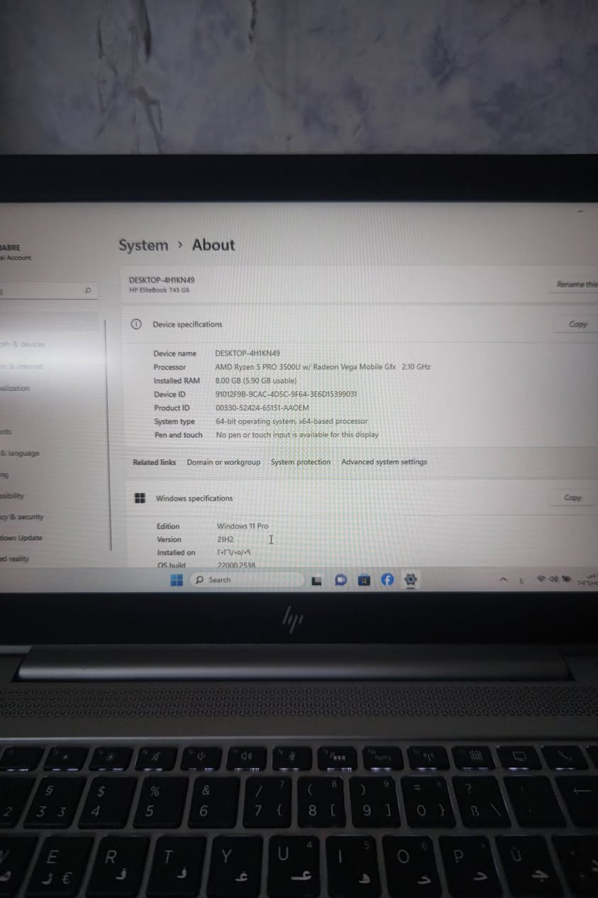 السلام عليكم حسابه HP EliteBook 745 G6

المعالج: AMD Ryzen 5 PRO 3500U مع معالج رسوميات Radeon Vega Mobile Graphics

نوع النظام: نظام تشغيل 64 بت، ومعالج بمعمارية x64

نظام التشغيل: Windows 11 Pro

الإصدار: 21H2

رام 8 ذاكره 256 

كرت الشاشه مدمج 2 ك 

رايدهة اب 350 الف وبيهة مجال بصيط مكاني بصره 

***********
