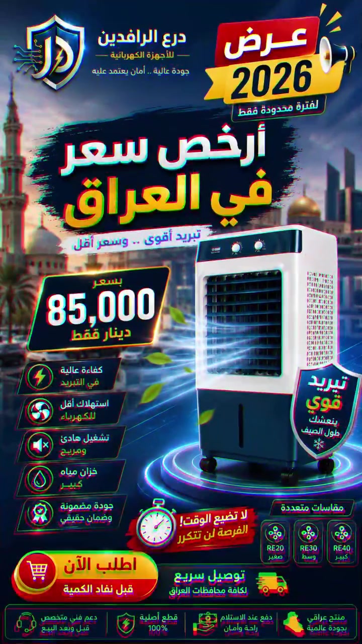 🔥 حرّ العراق ما يرحم؟
خلي البرودة تشتغل صح مع مبردة هواء درع الرافدين ❄️💨
🚚 توصيل سريع لكل العراق   التوصيل 5،000 دينار
✅ تبريد قوي وسريع
✅ تصميم عملي وأنيق
✅ مناسبة للبيت والمحل والمكتب
✅ جودة تتحمل أجواء الصيف العراقية ☀️

راحة… أداء… وبرودة تفرق 👌
اطلبها الآن وخلي الصيف أهدى 🔥➡️❄️
⚡wa.me/9647711771674
#درع_الرافدين #مبردة_هواء #أجهزة_كهربائية #العراق #بغداد #تبريد #صيف_العراق #الكترونيات #عروض_العراق #مكيف_هواء #أجهزة_منزلية #ريلز #اكسبلور #fyp #iraq #baghdad #aircooler #explorepage


**إذا كنت صاحب هذا الإعلان وتريد حذفه لأي سبب، رجاءا أرسل رسالة إلى الدعم الفني**