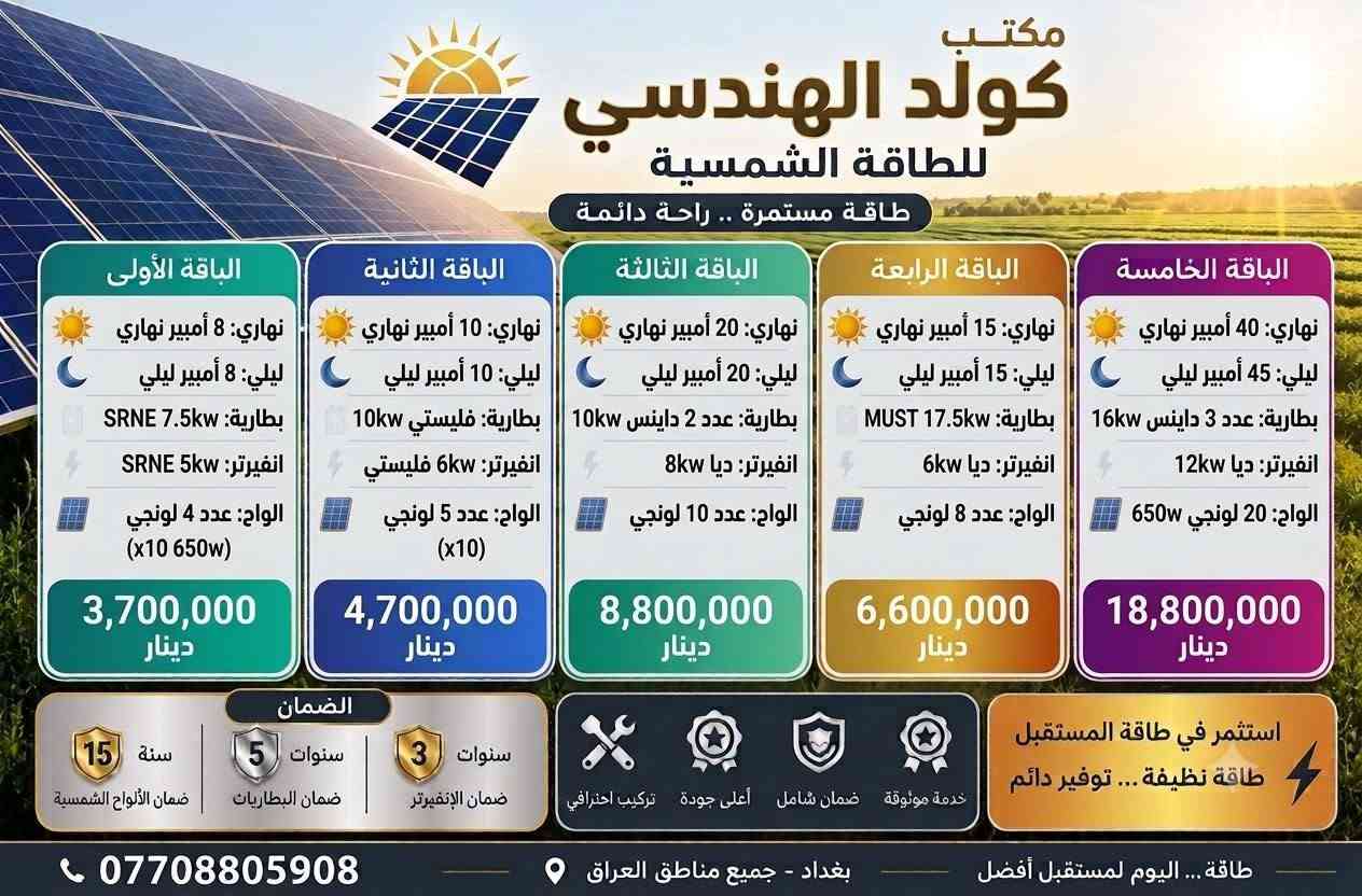 السلام عليكم ورحمة الله وبركاته
تتوفر منظومات بالتقسيط لحاملي بطاقه مصرف الرافدين حصرا

بالتقسيط او بنظام الكاش
منظومات متنوعه
ليلي نهاري
او نهاري فقط
او بدون الواح ايضا
ضمان استبدال وليس صيانه
المكتب يتكفل بالتنصيب وبكل أجزاء المنظومه
سرعه بالتنصيب ودقه ب العمل
كادر هندسي متخصص
للتواصل والاستفسار التواصل عبر الواتساب ***********
المهندس مهند البياتي
