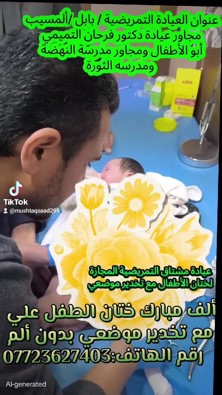 #من رخصة الأدمن..... ( بسم الله الرحمن الرحيم ) 
#عيادة مشتاق التمريضية المجازة لختان الأطفال . ختان الطفل  بأحدث جهاز طبي كهربائي حراري ( كوي )  مع تخدير موضعي  #للأستفسار  مراسلة الصفحة أو الرقم ( *********** ) بي واتساب
