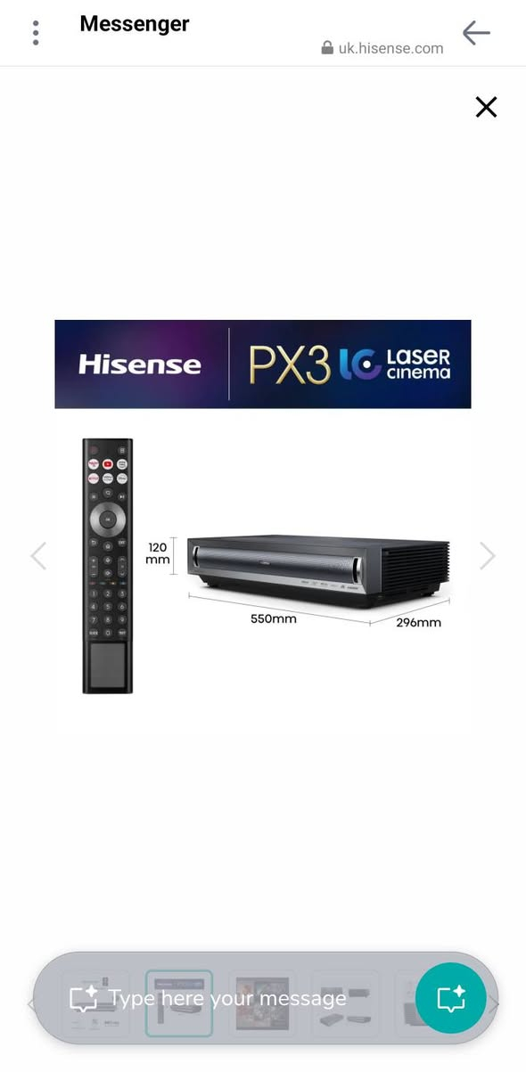 هايسنس px3 tuk الغني عن التعريف 
مواصفاتها 
بروجكتر ليزر فائق القصر (Ultra Short Throw - UST).
دقة العرض: 4K UHD حقيقية (3840×2160).
مصدر الإضاءة: TriChroma RGB Triple Laser (ليزر أحمر + أخضر + أزرق).
السطوع: 3000 ANSI Lumens.
عمر الليزر: حتى 25,000 ساعة.
نسبة الرمي: 0.22:1.
حجم الصورة: من 80 إلى 150 بوصة.
التباين الأصلي: 3000:1.
تغطية الألوان: 110% من معيار BT.2020.
عدد الألوان: أكثر من 1.07 مليار لون.
HDR: يدعم HDR10 وHDR10+ وHLG وDolby Vision.
معالجة الحركة: MEMC.
السعر مليون و900 وبيه مجال


**إذا كنت صاحب هذا الإعلان وتريد حذفه لأي سبب، رجاءا أرسل رسالة إلى الدعم الفني**