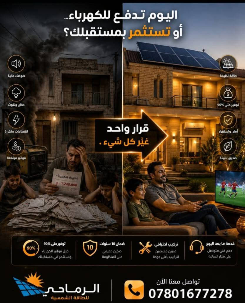 مع صيف العراق وارتفاع درجات الحرارة لـ 49°C، انقطاع الكهرباء وتوقف المولدات مو بس يسبب إزعاج... هذا غير الفواتير العالية والضوضاء والتلوث اللي أرهقت ميزانيتك وراحتك! ❌💸
💡 الحل بقرار واحد يُغيّر كل شيء!
بدل ما تكون حرارة الشمس عائق، استثمر حرارة الشمس قبل أن تحرقك وحوّلها إلى مصدر راحة واستقرار لك ولعائلتك.

🛡️ ضمان حقيقي 10 سنوات:
🛠️ تركيب احترافي
🎧 خدمة ما بعد البيع
🌿 طاقة نظيفة وهادئة
📞 للتواصل والطلب:
📱 ***********
📱 ***********
#الرماحي_للطاقة_الشمسية #طاقة_شمسية #الديوانية #العراق #توفير_الكهرباء #طاقة_نظيفة #استثمار_ذكي #منظومات_شمسية #كهرباء_العراق #طاقة_مستدامة
