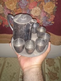 إبريق نحاس • ٦ كاسات • مطلي فضة