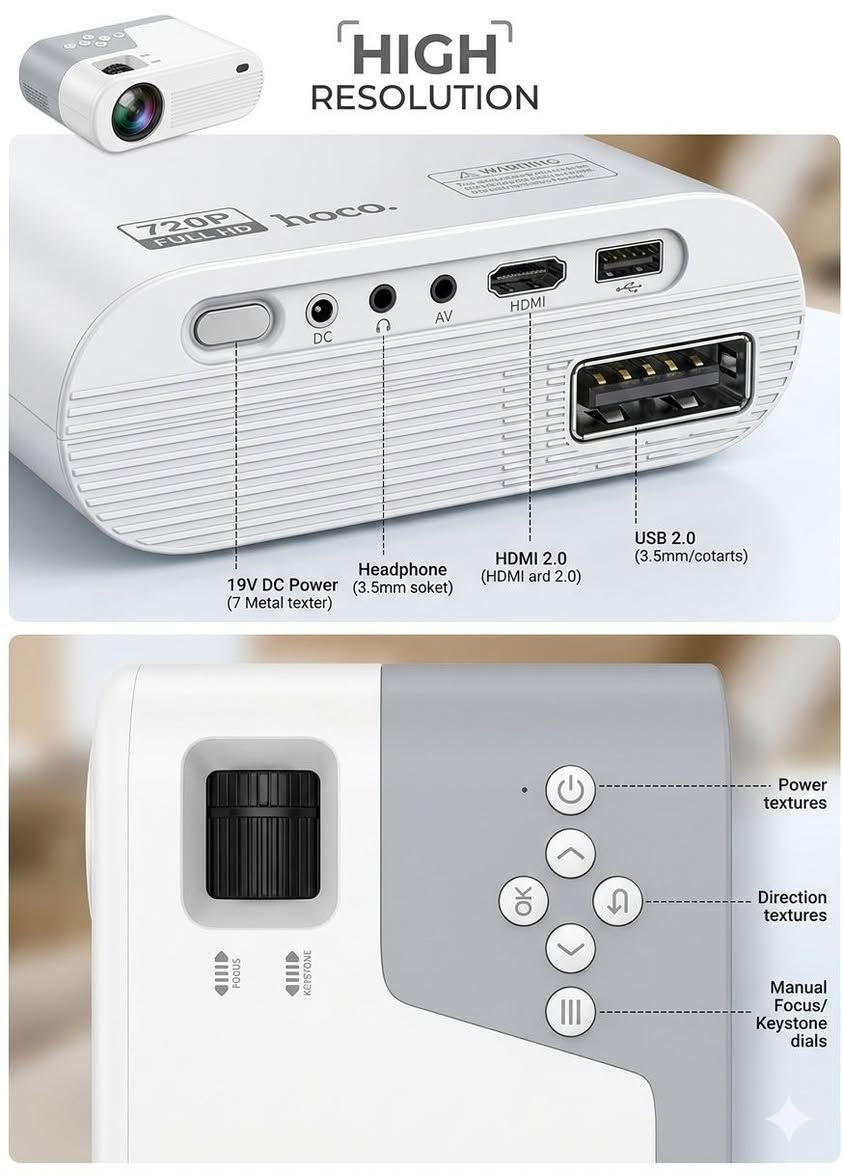 داتا شو العملاقة Hoco DT2 Android Version. للدراسة والعرض السينمائي 
الدقة: دقة أصلية 720P (1280x720).
الإضاءة: 140 لومن ANSI.
حجم العرض: يصل إلى 200 بوصة.
الاتصال: يدعم واي فاي مزدوج التردد (2.4G+5G) وبلوتوث.
المنافذ: مجهز بمنافذ متعددة تشمل USB و AUX و HDMI.
المواصفات التقنية الرئيسية:
الدقة: دقة عرض أصلية تبلغ 1280 × 720 بكسل (720p).
نظام التشغيل: مدمج بنظام Android، مما يتيح لك الوصول المباشر إلى تطبيقات البث مثل YouTube وNetflix دون الحاجة لجهاز خارجي.
السطوع: 140 ANSI لومن، وهو مناسب للغرف ذات الإضاءة المنخفضة أو المظلمة.
حجم العرض: يمكنه عرض صورة تتراوح بين 20 إلى 200 بوصة، بمسافة عرض تبدأ من 0.83 متر وتصل إلى 5 أمتار.
الاتصال: يدعم الاتصال اللاسلكي عبر Wi-Fi ثنائي النطاق (2.4G + 5G) و Bluetooth 5.0 لتوصيل السماعات الخارجية.
المنافذ: يحتوي على مداخل متعددة تشمل HDMI، USB، و AV، بالإضافة إلى مخرج صوت 3.5 ملم. 
Gadget Geek
Gadget Geek
 +5
مميزات إضافية:
تصميم مدمج: يزن الجهاز حوالي 0.47 كجم فقط، مما يسهل حمله والتنقل به.
الصوت: مزود بـ مكبر صوت مدمج، مع إمكانية استخدامه كسماعة بلوتوث مستقلة للهواتف المحمولة.
التركيز: يتم ضبط وضوح الصورة (Focus) بشكل يدوي.
اللغات: يدعم 22 لغة مختلفة، بما في ذلك اللغة العربية.
شرط الفحص اذا مو دقتها فول مرجوعه 
السعر 140 الف فقط


**إذا كنت صاحب هذا الإعلان وتريد حذفه لأي سبب، رجاءا أرسل رسالة إلى الدعم الفني**