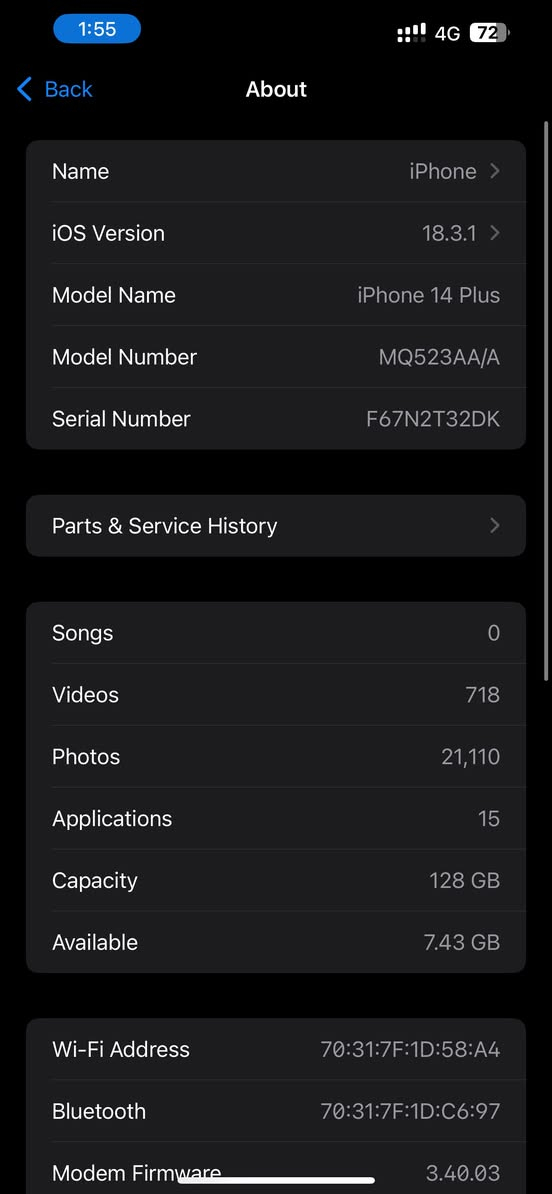 سلام عليكم 👋🏼
ايفون 14 بلس للبيع 🔴
التفاصيل : 
ذاكره 128 GB
بطارية 75  اصلية ممبدله 
اللون البحري 
عربي شرق اوسط 
جهاز نضيف جدااا مكفول من اي شخط 
وممفتوح ابد 
السعر : 580 الف وبي مجال 
المكان : المنصور 
الرقم للتواص : ***********
