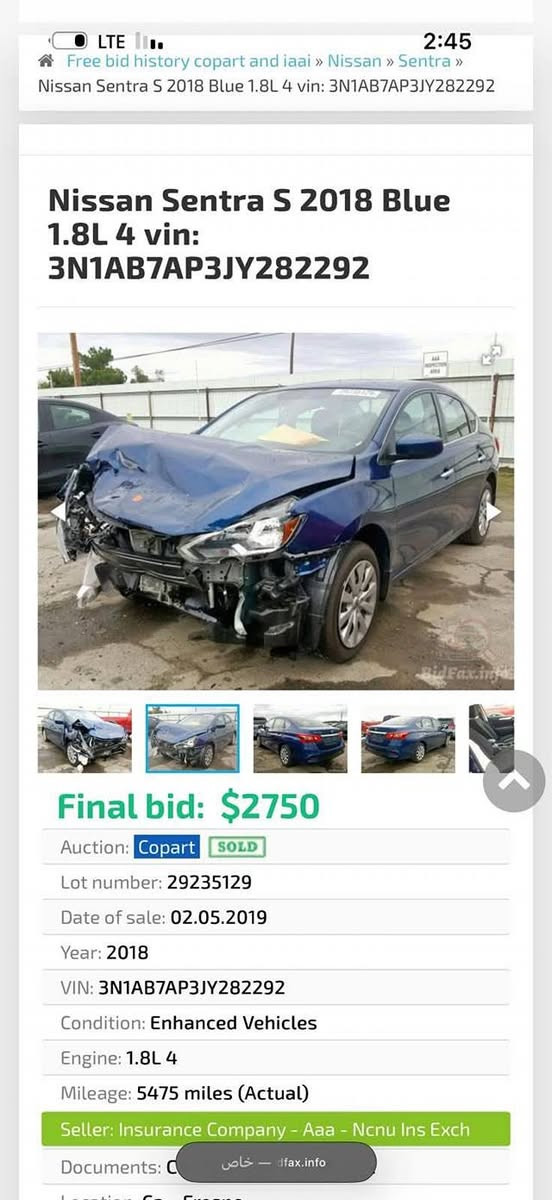 السلام عليكم نيسان سنترا مديل 2018 وارد امريكي بصره باسمي تحويل مباشر البدي مامكفول وحط صوره الحادث وسونار بلازحمه اقره سونار واتصل وبلخدمه مكينه 1800 كير و تبريد ودتدفئه مكفولات سياره ماشيه 129 الف قابله للزياده حداديه جاهزه كهربائيات كلها شغاله مابيها اي نقص 
السعر 100$ وبيها مجال قليل 
للتواصل ***********
