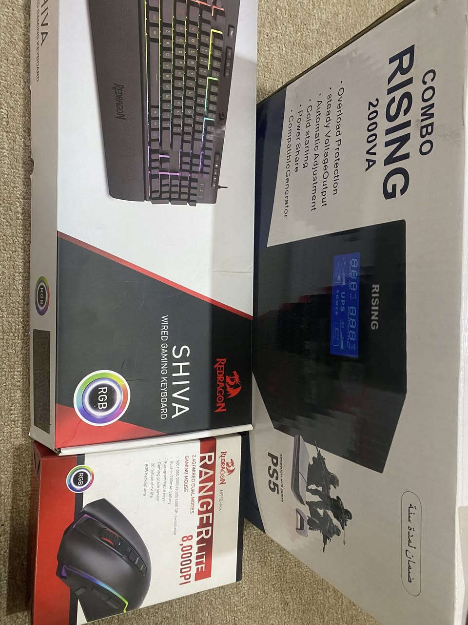 السلام عليكم

PC i5 _14400F  RTX 5060ti 16GB 
‏

كرت شاشة: MSI GeForce RTX 5060 Ti Shadow 2X

رام: Lexar THOR DDR5 RGB 32GB Kit
 

مذربورد: Gigabyte B860M K

SSD: Dahua C970 Plus NVMe M.2 512GB

تبريد مائي: Cooler Master MasterLiquid 240L Core ARGB

باور سبلاي: Aerocool VX Plus 650W

كيس: Antec VCX300
 مراوح RGB إضافية 

السعر 1,950,000

شاشه كيمنك  ‏MSI Modern MD342CQ

دقة UWQHD (3440×1440)
معدل تحديث 120Hz
شاشة منحنية انحناء 1800 
سماعات مدمجة
تدعم KVM
34 بوصه

السعر 425,000

UPS Rising
2000VA

السعر 75,000

كيبورد ألعاب Redragon SHIVA RGB
إضاءة RGB
مخصص للألعاب + مسند يد
أزرار ماكرو

ماوس ألعاب Redragon Ranger Lite
  8000 DPI
إضاءة RGB

سعر كيبورد والماوس 60,000

شباب كل هذني الغراض الكيس والشاشه والماوس والكيبورد وال UPS مشتريهن قبل شهرين ب تاريخ 2026/1/6 مع الوصولات والضمان سنه لكل قطعه بيهن من شركه (الإتيان) الي صايره ب شارع الصناعه 

ال PC طول الشهرين ما مستعمله 10 ايام وهواي عليها 10 ايام جديده 100% 
كلفتني 2,950,000 
واذا تاخذهن كلهن كل الغراض انزلك من السعر اكدر شويه

مكاني بغداد


**إذا كنت صاحب هذا الإعلان وتريد حذفه لأي سبب، رجاءا أرسل رسالة إلى الدعم الفني**