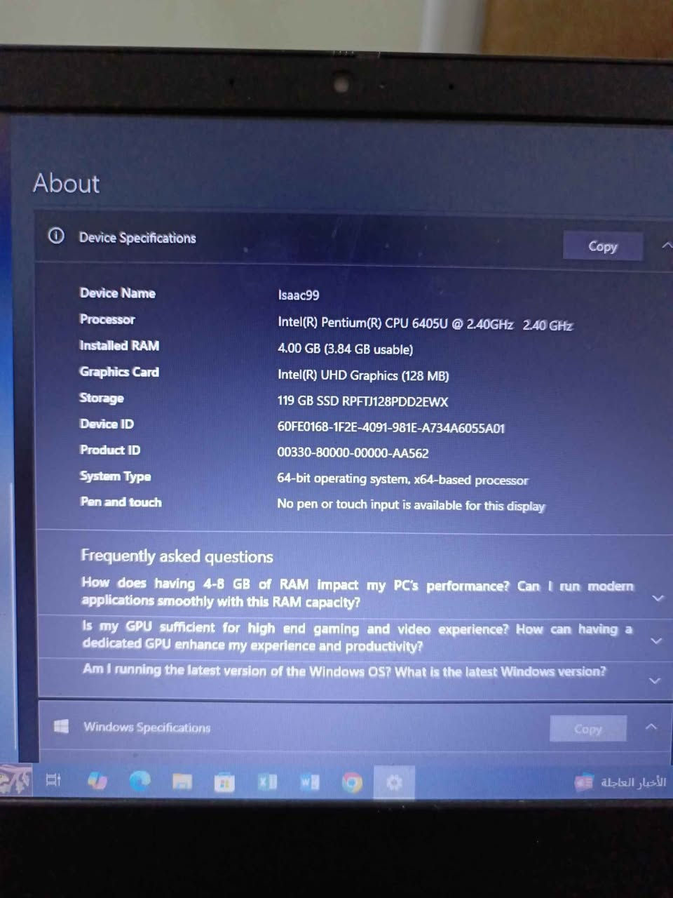 السلام وعليكم لابتوب من لينوفو نظيف كلش 90% هارد ssd 120 رام 4 قابل للزيادة استخدمته دراسة فقط لابتوب بسيط مال تصفح مال دراسة شاشتة كلش حلوه للمشاهدة افلام وغيرها الابتوب حديث وندوز 10 برو واجا تحديث 11 بس ماحدثته صوته ايضا ممتاز سعره 250 مكاني بصرة وبي مجال للاستفسار *********** شط العرب, البصرة

