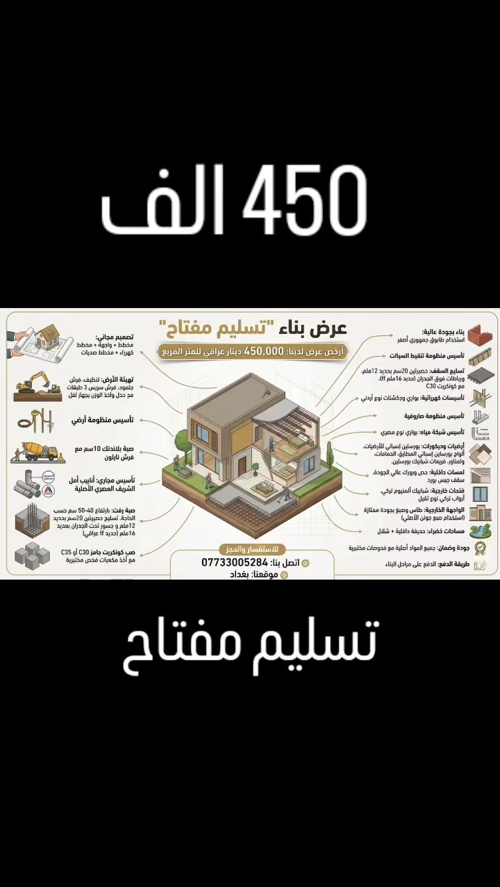تسليم مفتاح🔑
سعر المتر 450 الف 
للتواصل واتساب ***********
#بغداد #بناء #تصميمي #تصميم #كربلاء
