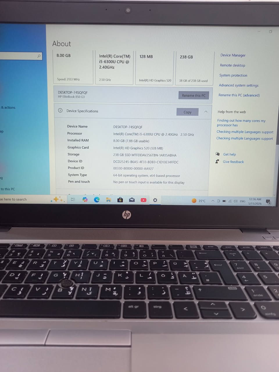 لابتوب hp 840  g3 
حجم الشاشة كبير 15.6 
الجيل السادس  
المعالج كور اي 5 الجيل 6
الهارد    256   ssd     m.2 
الرام 8.      ddr4 
كارت الشاشة  4  شير 
حجم الشاشة  14
الشاحنة اصلية 
يحتوي على منفذ تايب سي للشحن او نقل البيانات
نظام التشغيل ويندوز 10 عربي انكليزي 
الملحقات شاحنة وجنطة 
السعر   225
***********
***********
يوجد توصيل

متوفر 
تتوفر مجموعة لابتوبات بأسعار مناسبة ومواصفات مختلفة
