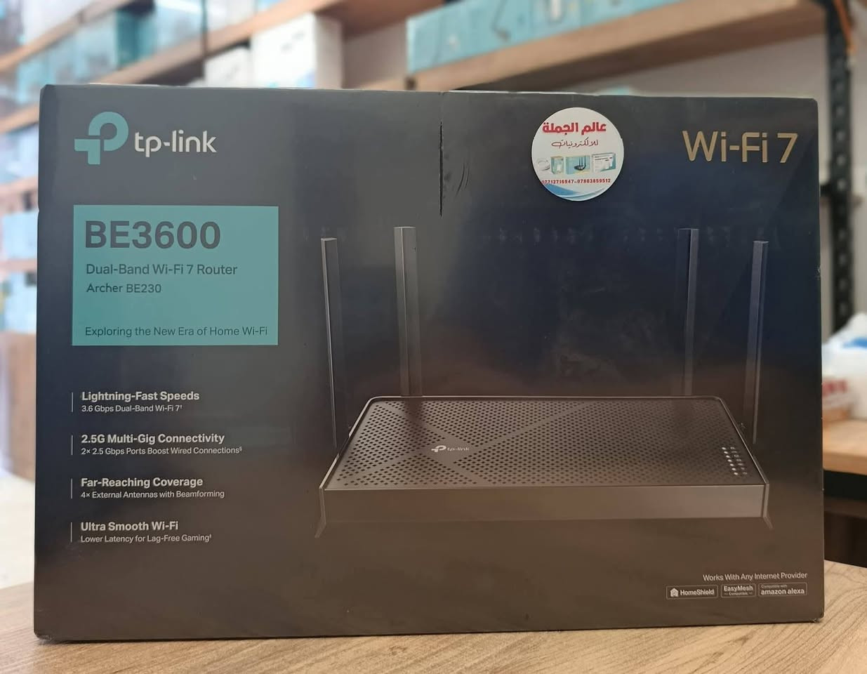 مساء الخير اصدقائي  الغالي وصل 🚀🚀🚀🚀
متوفر الان راوتر تيبلنك جيل السابع 
 TP-Link Archer BE230 BE3600

السعر 100 الف 

الموصفات 
  جهاز توجيه لاسلكي يدعم تقنية Wi-Fi 7، ويوفر سرعات عالية تصل إلى 3.6 جيجابت/ثانية. إليك بعض المواصفات الرئيسية:
- *السرعة اللاسلكية*: تصل إلى 3.6 جيجابت/ثانية، مقسمة إلى 2882 ميجابت/ثانية على تردد 5 غيغاهرتز و688 ميجابت/ثانية على تردد 2.4 غيغاهرتز.
- *تقنية Wi-Fi 7*: توفر سرعات أسرع وسعة أكبر وتقليل ازدحام الشبكة.
- *منافذ إيثرنت*: 1× 2.5 Gbps WAN، 1× 2.5 Gbps LAN، و3× 1 Gbps LAN لنقل البيانات بسرعات عالية.
- *تغطية أوسع*: 4 هوائيات خارجية مع تقنية Beamforming توفر سعة أكبر، واتصالات أقوى وأكثر استقرارًا، وتقلل من التداخل.
- *أمان الشبكة*: يدعم بروتوكول WPA3 للأمان السيبراني المحسن، ويتضمن نظام حماية من التهديدات الإلكترونية.
- *التوافق*: يدعم جميع أجيال أجهزة الواي فاي والأجهزة ومزودي الإنترنت.
- *EasyMesh*: يعمل مع أجهزة التوجيه والموسعات المتوافقة مع EasyMesh لتكوين شبكة ميش متكاملة في المنزل.
- *تطبيق Tether*: يتيح لك إدارة الشبكة بسهولة.
- *نظام التشغيل*: يدعم IPv4 وIPv6.

السعر 100 الف

متوفر خدمة توصيل بغداد ومحافظات 
للاستفسار اكثر يرجى الاتصال على الرقم التالي او مراسلة الصفحه 
***********
***********

