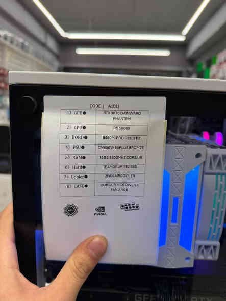 1》GPU●    RTX 3070 GAINWARD PHANTPM
2》CPU●   R5 5600X
3》BORD●   B450M-PRO ii asus tuf
4》PSU●     CM650W 80PLUS BROMZE
5》RAM●    16GB 3600MHZ CORSAIR
6》Hard●    TEAMGRUP 1TB SSD
7》Cooler●   2FAN AIRCOOLER
8》CASE●CORSAIR MIDTOWER 4 FAN ARGB

کەیسی گەیمینگ و هەرزان 
زەمانی ١ مانگ 
نرخی ١٠،٢٥٠٠٠
ملیۆن و ٢٥ هەزار 
گەیاندن هەیە 
*********** أربيل
