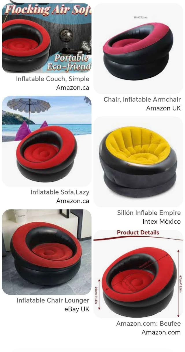 هذه تسمى كرسي هوائي قابل للنفخ (Inflatable Chair).

المادة: PVC أو فينيل مقاوم للماء.
يُنفخ بالهواء خلال دقائق.
مناسب للغرفة، الحديقة، السفر والتخييم.
يتحمل عادةً بين 80–120 كغم (حسب النوع).
خفيف الوزن وسهل الطي والتخزين.
المقاس  قطر 80 سم وارتفاع 47 سم.
25,000 مع توصيل البصرة, العراق


**إذا كنت صاحب هذا الإعلان وتريد حذفه لأي سبب، رجاءا أرسل رسالة إلى الدعم الفني**