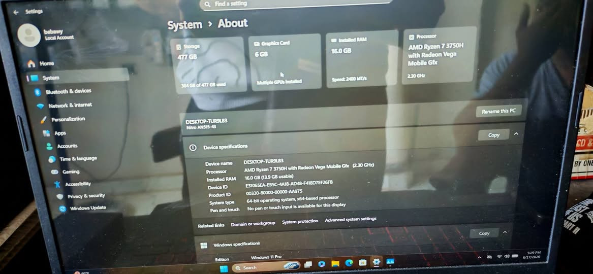 🔥 Acer Nitro 5 Gaming Laptop للبيع 🔥
💻 جهاز جيمينج قوي بحالة ممتازة وجاهز للشغل والألعاب

⚡ المواصفات:
• المعالج: AMD Ryzen 7 3750H
(أداء قريب من Intel جيل 8 / 9)
• كارت شاشة داخلي: AMD Radeon 2GB
• كارت شاشة خارجي: NVIDIA GTX 1650 4GB 🎮
• الرام: 16GB DDR4 🚀
• التخزين:

SSD M.2 512GB ⚡ سرعة عالية

🔥 مناسب لـ:
✅ الألعاب الحديثة
✅ التصميم والمونتاج
✅ البرمجة والدراسة
✅ الشغل التقيل

🎯 Acer Nitro 5 معروف بتبريده وأدائه القوي
📦 الجهاز جاهز للاستخدام فورًا

السعر النهائي 21000


**إذا كنت صاحب هذا الإعلان وتريد حذفه لأي سبب، رجاءا أرسل رسالة إلى الدعم الفني**