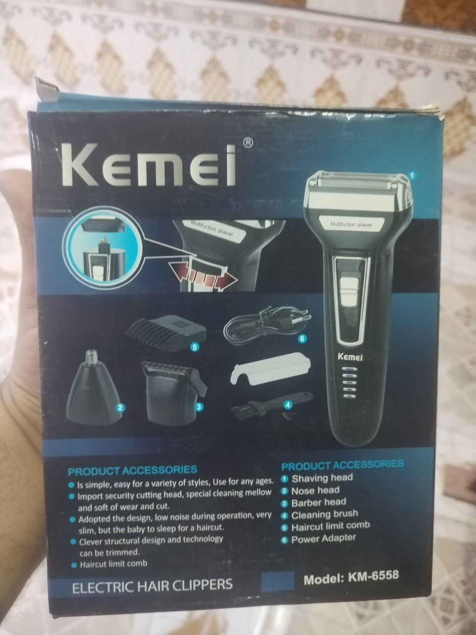 ✂️ ماكينة حلاقة Kemei KM-6558 الأصلية ✂️
✅ 3 حركات في جهاز واحد: 1️⃣ حلاقة الذقن والوجه بسرعة ونعومة.
2️⃣ تشذيب الشعر وتحديد الحواف بدقة.
3️⃣ إزالة شعر الأنف والأذن بسهولة وأمان.
🔋 قابلة للشحن 🧰 تأتي مع ملحقات متعددة للتنظيف والتشذيب ✨ مناسبة للاستعمال الشخصي والسفر
🚚 التوصيل إلى جميع محافظات العراق 💰 أجور التوصيل 5,000 دينار فقط (من زاخو إلى الفاو) البصرة, العراق


**إذا كنت صاحب هذا الإعلان وتريد حذفه لأي سبب، رجاءا أرسل رسالة إلى الدعم الفني**