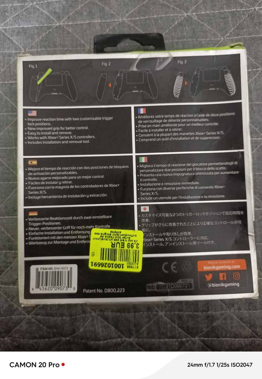 هذا ملحق ليد تحكم الإكس بوكس 🎮
اسمه Quickshot Pro من شركة Bionik، ومخصص لـ Xbox Series X / S.
شنو وظيفته؟
يركّب على أزرار التريگر الخلفية (LT / RT)
يقلّل مسافة الضغط حتى تصير الاستجابة أسرع (مفيد بالألعاب السريعة مثل الشوتر)
بيه وضعين للضغط تگدر تبدّل بينهم
يحسّن القبضة والسيطرة على اليد
سهل التركيب والإزالة
اليد الأصلية مو ضمن العلبة (بس الإضافة)
يعني باختصار:
هذا يخلي ضغط التريگر أسرع وأسهل، يفيدك بالتنافس والألعاب القتالية.

و مرخص ما علية باند أو اي شيء 
واتس *********** بغداد, العراق
