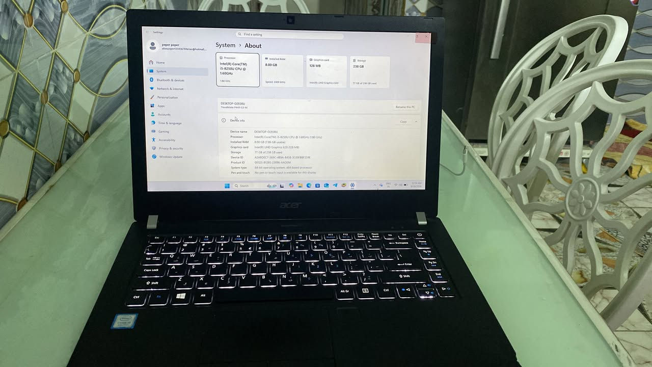 لابتوب acer 
intel
CORE 15
8th Gen
Approx. Total Memory: 4154MB
Display Memory (VRAM): 128 MB
Shared Memory: 4026 MB
Intel(R) Core(TM)
i5-8250U CPU 
1.60GHz
السعر 250 وبيها مجال 
للتواصل بي واتساب  *********** العنوان بغداد الحسينيه مال راشديه
