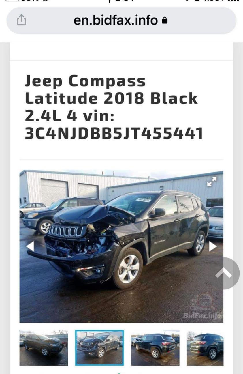 سلام عليكم جيب كومباس موديل 18 وارد. امريكي.  رقم بغداد. بأسمي. صورة الحادث موجوده طبعا محرك 2400فور. ويل تبريد. قطعتين فئة لاتيود  السعر 95 بيها. عطل فقط. التبريد. كمبريسر***********
