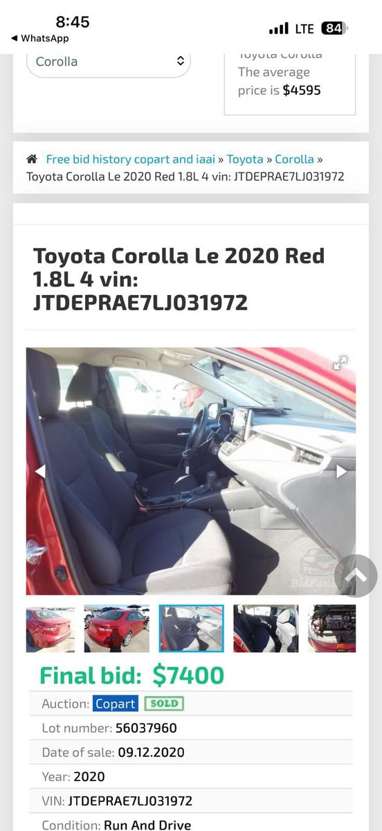 السلام عليكم عندي كورولا 2020 للبيع موصفات le حادثهة من امريكا جاملغ امامي ايمن وباب السكن وهنا صار بيها باب خلف السكن الجاملغ مبدل لون السياره نضيفه ومناقصهة ايشي السعر 122ورقه ***********
