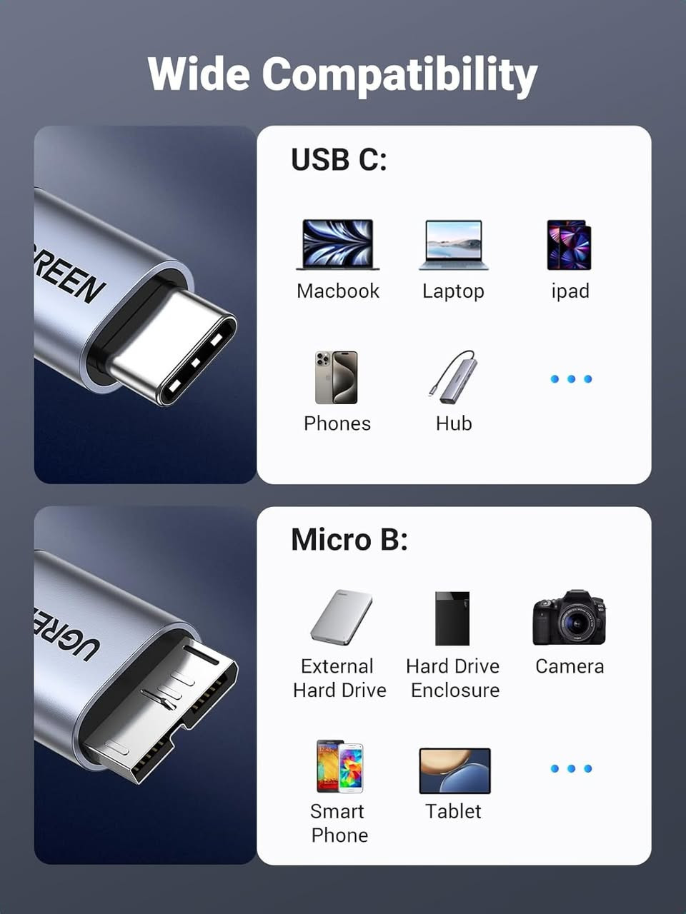 كابلات UGREEN لنقل البيانات بسرعة 10 جيجابت في الثانية من نوع Micro B إلى USB-C، بطول 1.1 متر (3.3 قدم)، كابل خارجي متوافق مع أجهزة MacBook Pro/Air وiPad/Tablet وiPhone وSamsung Galaxy S24 وWD وSeagate وغيرها.

العلامة التجارية: UGREEN
نوع الموصل: Micro USB، USB Type-C
نوع الكابل: USB
الأجهزة المتوافقة: منفذ USB-C: MacBook Pro/Air، iMac Pro، iPad Pro/Air، Tablet، iPhone 15/15 Pro، Galaxy S24/S23/S22/S22 Ultra/S20/S10/S9/S8
ميزة خاصة: تصميم مضفر
السعر 12 الف 
 يوجد توصيل لجميع محافظات العراق 
ملاحظة : يفحص المنتج قبل الوصول الى الزبون .


**إذا كنت صاحب هذا الإعلان وتريد حذفه لأي سبب، رجاءا أرسل رسالة إلى الدعم الفني**
