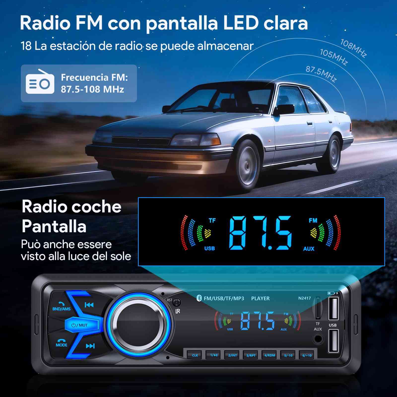 15الف
المنتج هو راديو سيارة Chismos N2215. 
الميزات: بلوتوث 5.0 للمكالمات بدون استخدام اليدين ومكبر صوت واضح. 
الراديو: يدعم ترددات FM (87.5-108.0 MHz) مع قدرة على تخزين 18 محطة. 
المنافذ: يحتوي على منفذي USB (واحد للشحن وواحد لتشغيل الموسيقى) ومدخل AUX وفتحة بطاقة TF. 
توافق الجهاز: يعمل مع أجهزة Android و iOS. 
ترجمة النص في الصورة
راديو سيارة FM، يمكنه حفظ 18 قناة
تردد FM: 87.5-108.0 ميجا هرتز
اضغط على زر BND لتقسيم قنوات التخزين FM1 2 3: اضغط مع الاستمرار على المفاتيح الرقمية الستة لتخزين 6 قنوات لكل منها، بإجمالي 18 قناة.


**إذا كنت صاحب هذا الإعلان وتريد حذفه لأي سبب، رجاءا أرسل رسالة إلى الدعم الفني**