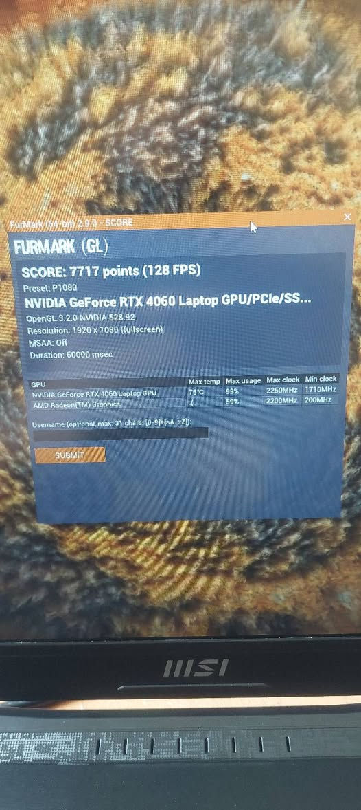 MSI Bravo 17  RTX 4060
المعالج: AMD Ryzen 7 7735HS
كارت الشاشة: NVIDIA GeForce RTX 4060 (8GB)
الرام: 16GB DDR5
التخزين: 512GB NVMe SSD
الشاشة: 17.3" FHD – 144Hz
التبريد: Cooler Boost
اختبار FurMark: 128 FPS / حرارة 76°
الجهاز يعمل بكفاءة كاملة
المتعلقات:
الشاحن الأصلي 200W


**إذا كنت صاحب هذا الإعلان وتريد حذفه لأي سبب، رجاءا أرسل رسالة إلى الدعم الفني**