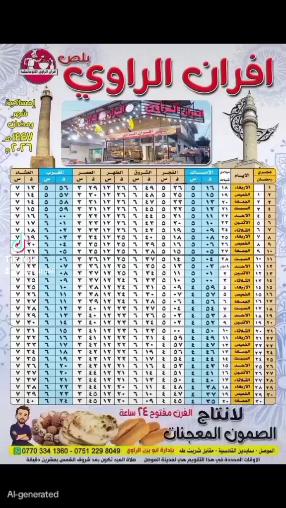 تنويه إلى زبائننا الكرام أن الافران مفتوحة طيلة أيام شهر رمضان المبارك وعلى مدار 24ساعة ونقدم لكم الصمون الاوتماتيك والخبز العربي والصمون الحجري وكافة أنواع المعجنات


**إذا كنت صاحب هذا الإعلان وتريد حذفه لأي سبب، رجاءا أرسل رسالة إلى الدعم الفني**