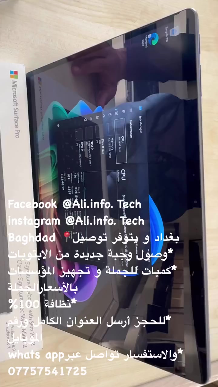 Microsoft Surface Pro 11  
11th Edition Copilot+ PC
***********
_____________
a مجموعة من اجهزة مايكروسوفت سيرفس برو 11
احدث اصدارات مايكروسوفت
اجهزة سوبر سلم خفيفة الوزن بمواصفات واسعار مختلفة
علما ان الاجهزة جديدة New Sealed
بضمان حقيقي من مكتب @Ali.info.tech
ايضاً تتوفر جميع أنواع اجهزة المايكروسوف سيرفس 
وجميع أنواع الابتوبات و الموديلات و المواصفات 
Surface pro 11

1-Snapdragon Elite (12 CORE)
Ram 32 gb
Nvme 1 tera
13 2K Oled 120hz touch
Platinum

New sealed 2,798,000

2-Snapdragon Elite + Keyboard (12 CORE)
Ram 16 gb
Nvme 1 tera
13 2K Oled 120hz touch
Platinum

Like New

3-Snapdragon Elite (12 CORE)
Ram 16 gb
Nvme 512 gb
13 2K Oled 120hz touch
Sapphire

New sealed 

4-Snapdragon X Plus (10 CORE)
Ram 16 gb
Nvme 512 gb
13 2K 120hz touch
Dune

New sealed 1,790,000

5-Snapdragon X Plus (10 CORE)
Ram 16 gb
Nvme 512 gb
13 2K 120hz touch
Sapphire

New sealed 1,790,000

6-Snapdragon Elite (12 CORE)
Ram 16 gb
Nvme 512 gb
13 2K Oled 120hz touch
golden
OPEN BOX 1,998,000

7-Snapdragon X Plus (10 CORE)
Ram 16 gb
Nvme 256 gb
13 2K 120hz touch
PLATINUM

8-Snapdragon X Plus (10 CORE)
Ram 16 gb
Nvme 256 gb
13 2K 120hz touch
PLATINUM

9-Snapdragon X Plus (10 CORE)
Ram 16 gb
Nvme 1 tera
13 2K 120hz touch

cycle count 5 times  1,498,000
📌📌📌📌📌📌📌📌📌

📌Kit Keyboard+Slim pen 2
370,000
