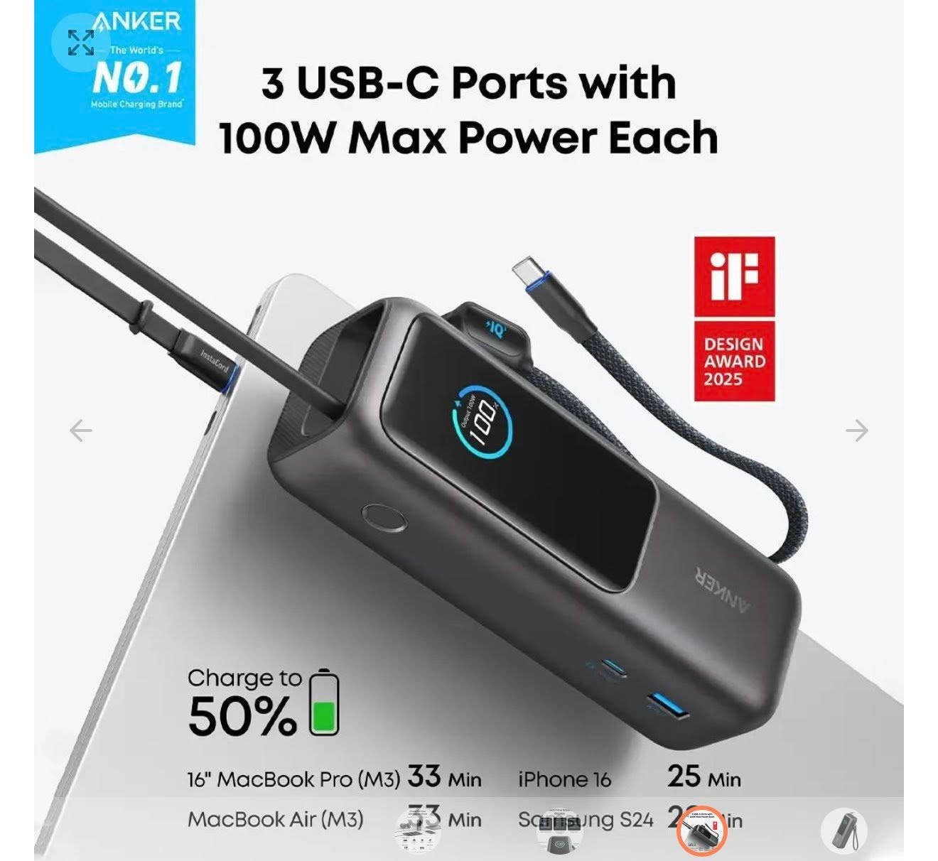 شاحن محمول 25000mAh مع منافذ USB-C
بقدرة 165واط، كيبلات مدمجة وقابلة للسحب
جديد غير مستخدم
السعر ١٠٠ مع التوصل


**إذا كنت صاحب هذا الإعلان وتريد حذفه لأي سبب، رجاءا أرسل رسالة إلى الدعم الفني**