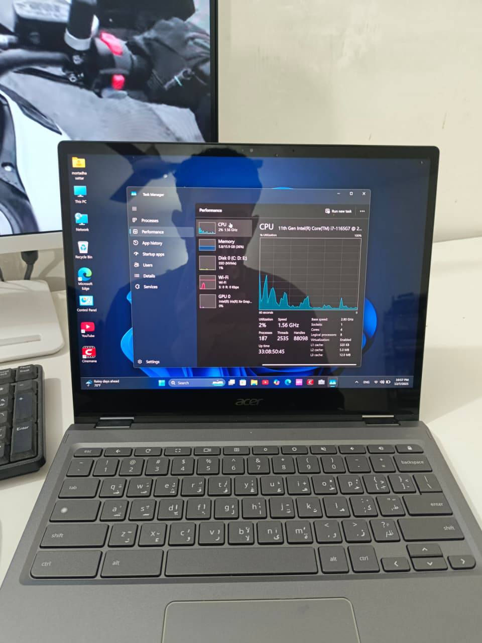 لابتوب acer spin713  كور 7 جيل 11 لابتوب 2×1 شاشة لمس دقة 2.5K  نظيف جدا نسبة 95 بلمية للبرامج الهندسية والتصميم والمونتاج سلم جدا ويشغل برمير وفوتو شوب 2025 البطارية 5 ساعة فما فوق للبيع للتواصل  ***********5
 السعر قفل ب 500 مع العلم سعره بالمواقع الجديد 9ورقات

✳️Intel® Core™ i7-1185G7 processor Quad-core 3 GHz 

✳️Intel® Iris® Xe Graphics shared memory 8GB

✳️34.3 cm (13.5") (2256 x 1504) 3:2 
✳️2.5k Touchscreen

✳️16 GB, LPDDR4X   4267GHz                                      

✳️256 GB SSD  m.2 nvme
                                                     ✳️Keyboard Backlight                                                    USB Type-C port  with 
DC-in/
                                    
✳️Thunderbolt™ 4 port  Supports                                 
✳️HDMI port 
                                                                 ✳️Headset/speaker jack 3.5

✳️MicroSD card slotUSB port 3.2
✳️cooling fan 2fan
