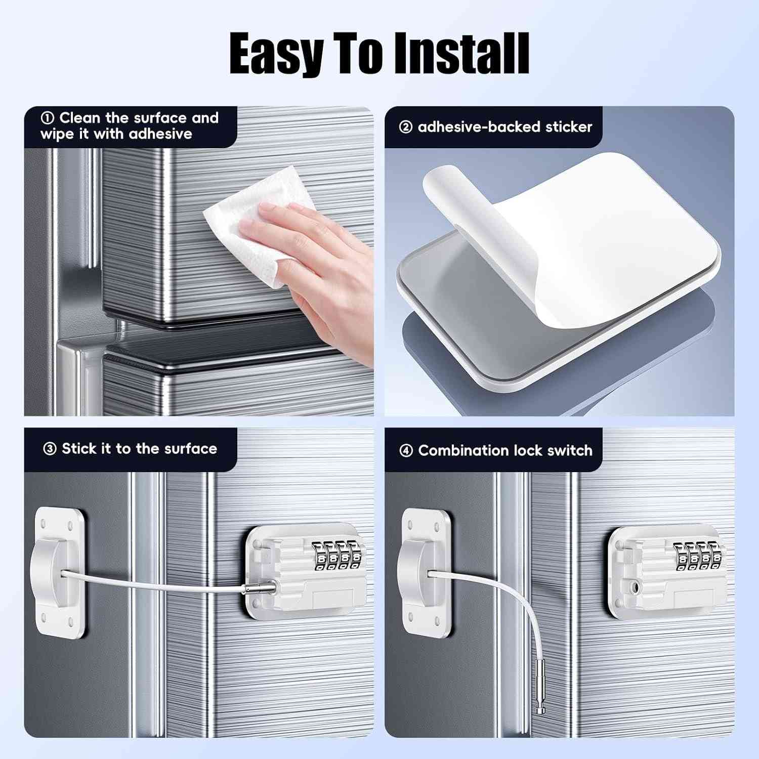 new 2 Pack Fridge Locks Combination, Child & Baby Proofing Refrigerator Latchs with Code for Kids, Toddlers and Children Safety, Self Adhesive Freezer Lock for Cabinet and Drawers, Oven, Windows (Patent)

assword Setting: The initial password of this refrigerator lock is 0000 (not recommended to change the password because many people forget the new password), changing the password is very simple, just need to keep the password at "0000" from the hole on the right Plug in the gadget in and start resetting your password. Release the inserted tool after your Password is fully set.
Safety Lock to Protect Child: This Self Adhesive Combination Latch with password lock can prevent babies from pinching their fingers when they open the refrigerator; prevent babies from eating food forbidden by their parents; even babies accidentally lock themselves in the refrigerator.
NO Tools or Drilling: This refrigerator lock with Adhesive,it very easy to install, just peel off the sticker and stick it on the refrigerator. Please clean and dry the surface of the refrigerator before use. Stickers are strong and will not damage the surface of the refrigerator, please feel free to use them.
Multifunctional Password Lock: not only can be used for refrigerators, but also can be used for cabinets, Air Oven Air Fryer,toilets, windows, drawers, closets, washing machines, etc. A safety lock can keep safe for for Kids and Pets. أربيل, العراق


**إذا كنت صاحب هذا الإعلان وتريد حذفه لأي سبب، رجاءا أرسل رسالة إلى الدعم الفني**