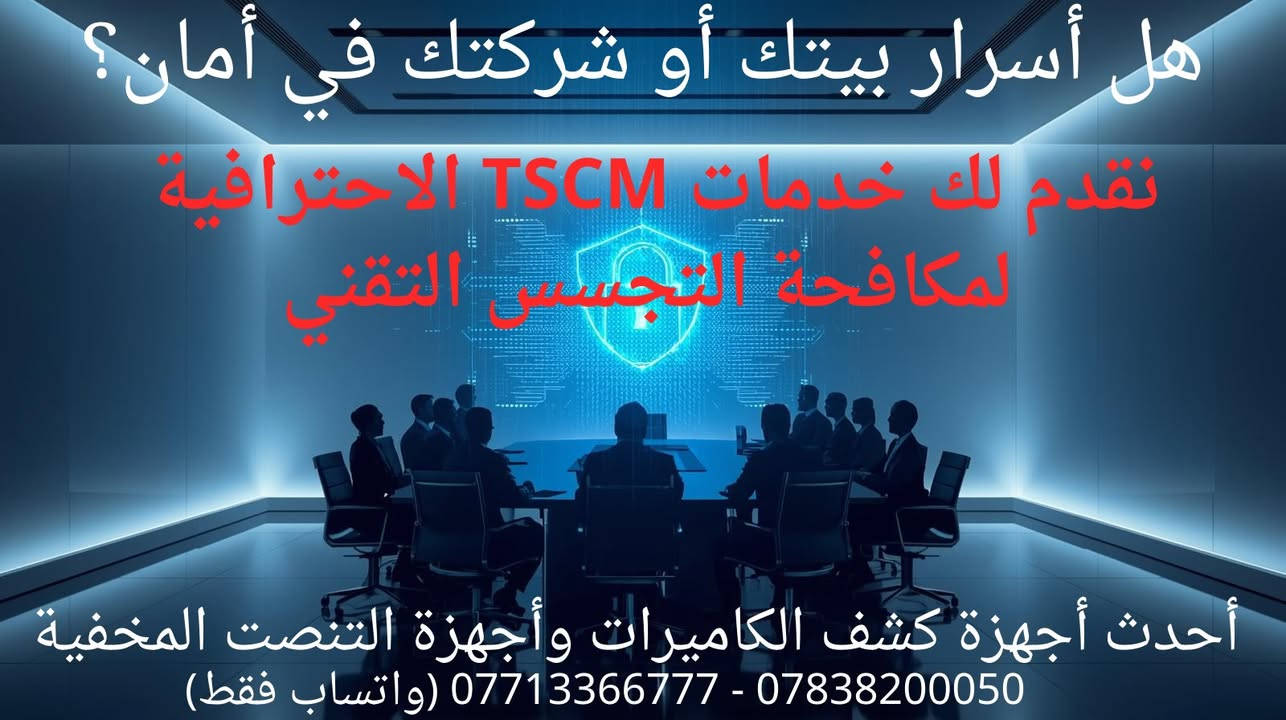هل أنت متأكد أن أحداً لا يسمعك او يراقبك؟ 

لا تخلي أسرار بيتك أو شركتك عرضة للتجسس. خدمة TSCM من الجدار الناري لخدمات الأمن السيبراني توفر لك الحماية من: 
✅ الكاميرات المخفية في المكاتب والمنازل. 
✅ أجهزة التنصت المزروعة بالأثاث أو الجدران. 
✅ أجهزة تتبع السيارات (GPS).

فريقنا مجهز بأحدث الأجهزة العالمية لكشف كل ما هو مخفي.

اتصل بنا اليوم.. واضمن خصوصيتك. 💬 واتساب: *********** - ***********
