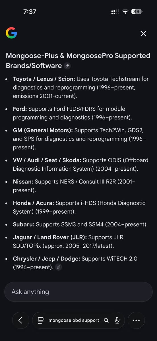 فيشة مانكوس بلص العملاقه جديده
فيشة باس ثرو   J5234
الفيشه  الي ما يعرفه   تحل محل اجهزة الوكاله ومبرمجات عده  باداه وسرعه  قويه
تشتغل can fd
 تشتغل
witech 2
gm sps  
gm  Dps
ford FDrs
mazda
nissan 
pcm flash
toyota tech stream
 يعني اجهزة  الوكاله  بعد  لكن هذا الي يحضرني هسه

سعره٤٥٠$ غير قابل للنقاش
***********

