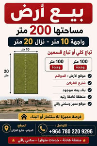 أرض للبيع مساحة 200 مترالواجهة ١٠ والنزال 20 الارض سند ٢٥ تقع قرب شارع...