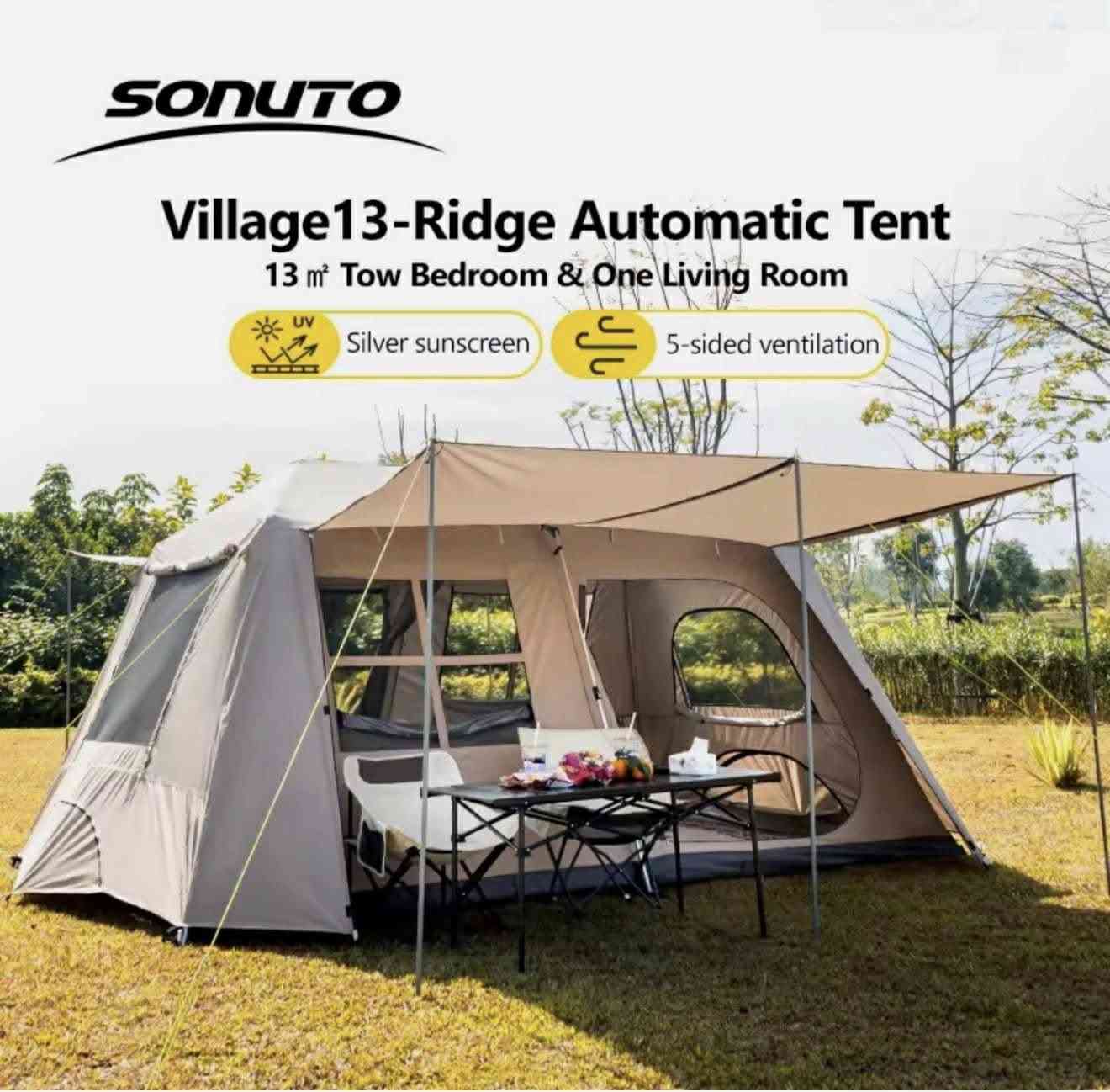 السلام عليكم خيمة من ماركة سونوتو  Sonuto Village 13-Ridge Automatic Tent، وهي خيمة تخييم أوتوماتيكية كبيرة مصممة للعائلات تناسب الرحلات والتخييم وتتميز بمساحة داخلية واسعة تبلغ 13 متراً مربعاً. سهلة النصب جدا ومقاومة للماء وتعتبر خيمة لاربع فصول 
المواصفات الرئيسية
التصميم الداخلي: تتكون الخيمة من غرفة نوم وصالة معيشة واحدة.
السعة: تتسع الخيمة لعدد  8 أشخاص حسب التهيئة والاستخدام.
التركيب: تتميز بآلية تركيب أوتوماتيكية سريعة تتيح نصبها في أقل من دقيقتين.
المواد والمقاومة: مصنوعة من قماش الاكسفورد والبوليستر 210D مع طلاء مقاوم للماء بنسبة تصل إلى 3000 مم، مما يجعلها مقاومة لمياه الامطار بصورة ممتازة بالإضافة إلى حماية من الأشعة فوق البنفسجية.
المميزات الإضافية: تشتمل على تصميم "Double Hall" مع مظلة ممتدة، ونوافذ شبكية من 5 جهات للتهوية، وحقيبة حمل لسهولة التنقل.
قياس الخيمة الطول ٣ متر و ٨٥ سانتمتر العرض ٢ متر و ٦٥ سانتمتر الارتفاع ١ متر و ٨٥ سانتمتر
تواصل خاص او *********** واتساب
