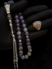 خاتم فضة ٩٢٥ • عقيق يماني سماوي • مسبحة عقيق ٣٣حبة