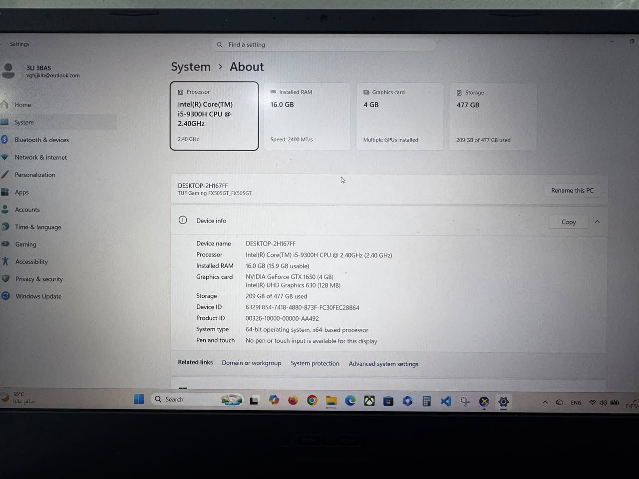 السلام عليكم للبيع لابتوب Asus Tuf Gaming
Core i5 9300H
Ram 16 GB
Hard 512 
Gtx 1650 4GB 
فقط بطاريته ضعيفه 
سعره 650 الف  
مكاني بغداد الغزالية


**إذا كنت صاحب هذا الإعلان وتريد حذفه لأي سبب، رجاءا أرسل رسالة إلى الدعم الفني**