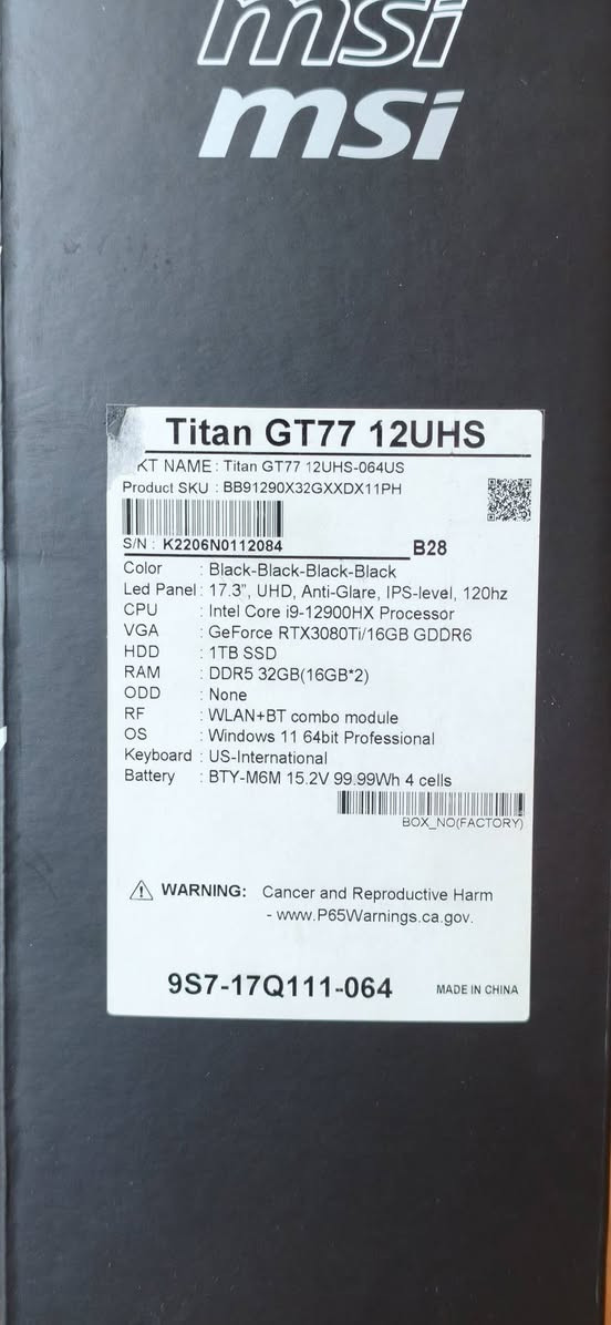 MSI Titan GT77 
🔥 MSI Titan GT77   أداء احترافي للألعاب، التصميم، والمونتاج 🔥

السعر مليونين و500 الف دينار 🔥💯(2,500,000) دينار

💻 الموديل: MSI Titan GT77 12UHS

✅ المعالج | Processor
• Intel Core i9 الجيل 12 (12th Gen) (12900HX)

✅ الذاكرة | RAM
• 64GB DDR4 (قابلة للتطوير)

✅ التخزين | Storage
• 1Tr + 256GB GB NVMe SSD (قابل للتطوير) ( 4 SSD Slot)

✅ كارت الشاشة | Graphics
• NVIDIA GeForce RTX 3080Ti 16GB GDDR6

✅ الشاشة | Display
• 17.3 انج Full UHD Anti-Glare – IPS level 120hz

✅ المميزات
. AI Camera
Finger print (بصمة)
• كيبورد RGB من SteelSeries
• Wi-Fi 6E + Bluetooth (combo module)
• منافذ Thunderbolt 4 و HDMI و USB 3.2
• تصميم قوي وفخم مناسب للألعاب والعمل الاحترافي
الملاحظات:
1. رقم 1 من كيبورد الحاسبة الأيمن لا يعمل بشكل منتظم
2. تضرر الغلاف الخارجي للكيبل للشاحنة كما موضح بالصورة
3. الشباك الايمين والايسر فيه كسر بسيط كما موضح بالصورة.
📩 للتواصل واتساب:
***********
موقع اللابتوب – الموصل والتسليم داخل الموصل
لا يوجد توصيل
