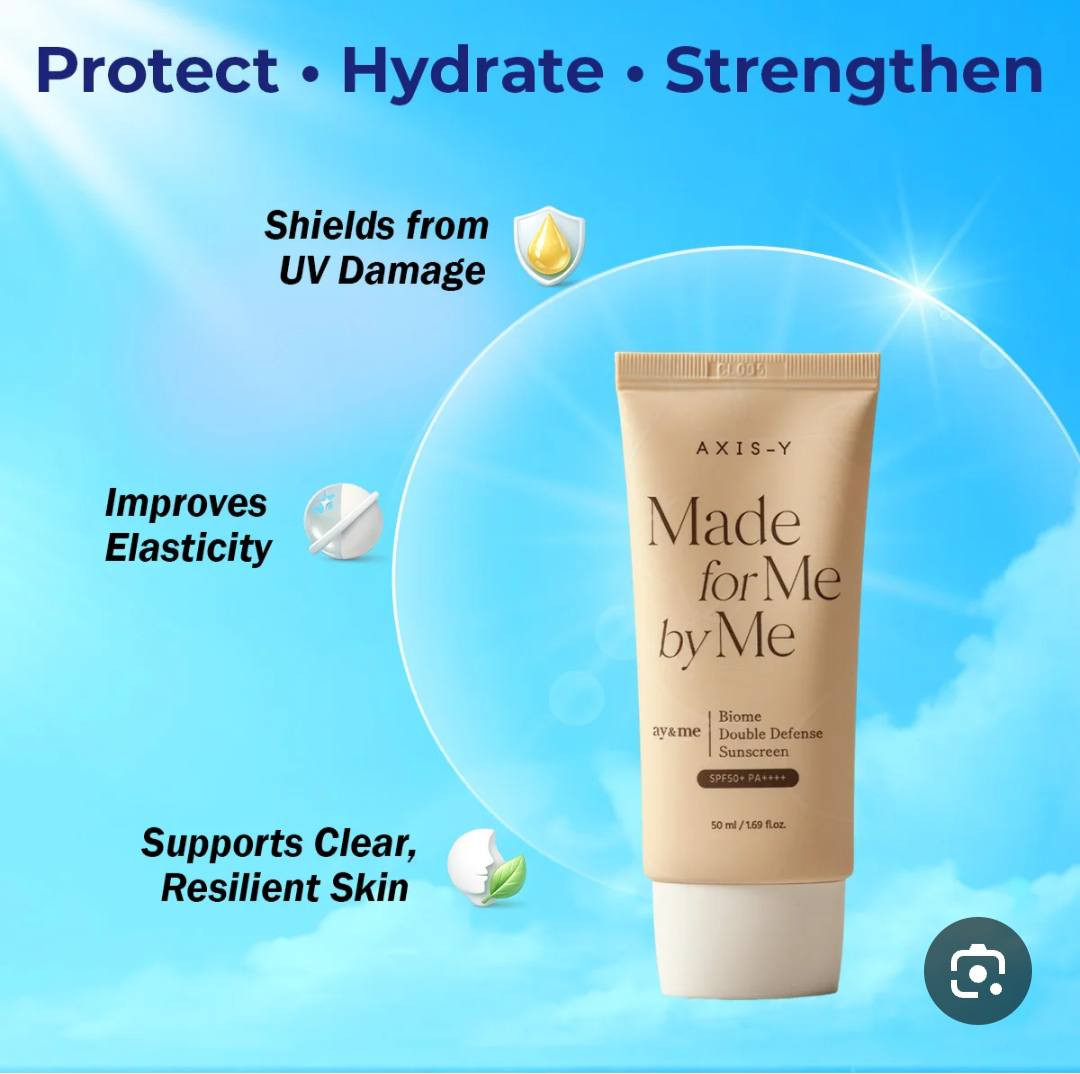 واقي الشمس الكوري AXIS-Y Biome Double
 Defense Sunscreen 
من مجموعة "Made for Me by Me"
 بحجم 50 مل. 

 يوفر حماية واسعة الطيف وعالية جداً من أشعة الشمس بمعامل SPF50+ PA++++ لحماية البشرة من الحروق والشيخوخة المبكرة والتصبغات.

 واقي شمس كيميائي يتميز بقوام مائي خفيف (Water-essence) يمتص بسرعة فائقة. 

بدون أثر أبيض: يندمج تماماً مع البشرة دون ترك أي طبقة بيضاء أو ملمس لزج.

تقوية حاجز البشرة: يحتوي على مركب البيوم الخاص (Special Biome Blend) المكون من البروبiotics والبريبايوتكس لدعم ميكروبيوم الجلد وتقوية حاجزه الطبيعي.

تعزيز المرونة: غني بببتيدات التوت البري (Cranberry Peptides) التي تساعد على شد البشرة وتحسين مرونتها.

مكونات إضافية: يحتوي على النياسيناميد لتفتيح التصبغات، ومستخلصات مخمرة مثل الكومبوتشا والجالاكتوميسيز لترطيب عميق ومقاومة الخطوط الدقيقة. 

أنواع البشرة المناسبة: مثالي لجميع أنواع البشرة، بما في ذلك البشرة الدهنية والمختلطة والحساسة بفضل تركيبته الخفيفة والمهدئة.

مكياجات قمر  
جبله بجانب البريد قبل الكنافه الجبلاويه


**إذا كنت صاحب هذا الإعلان وتريد حذفه لأي سبب، رجاءا أرسل رسالة إلى الدعم الفني**