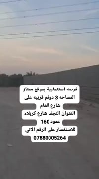 النجف شارع كربلاء • ٣ دونم • زراعي قرار ٣٢٠