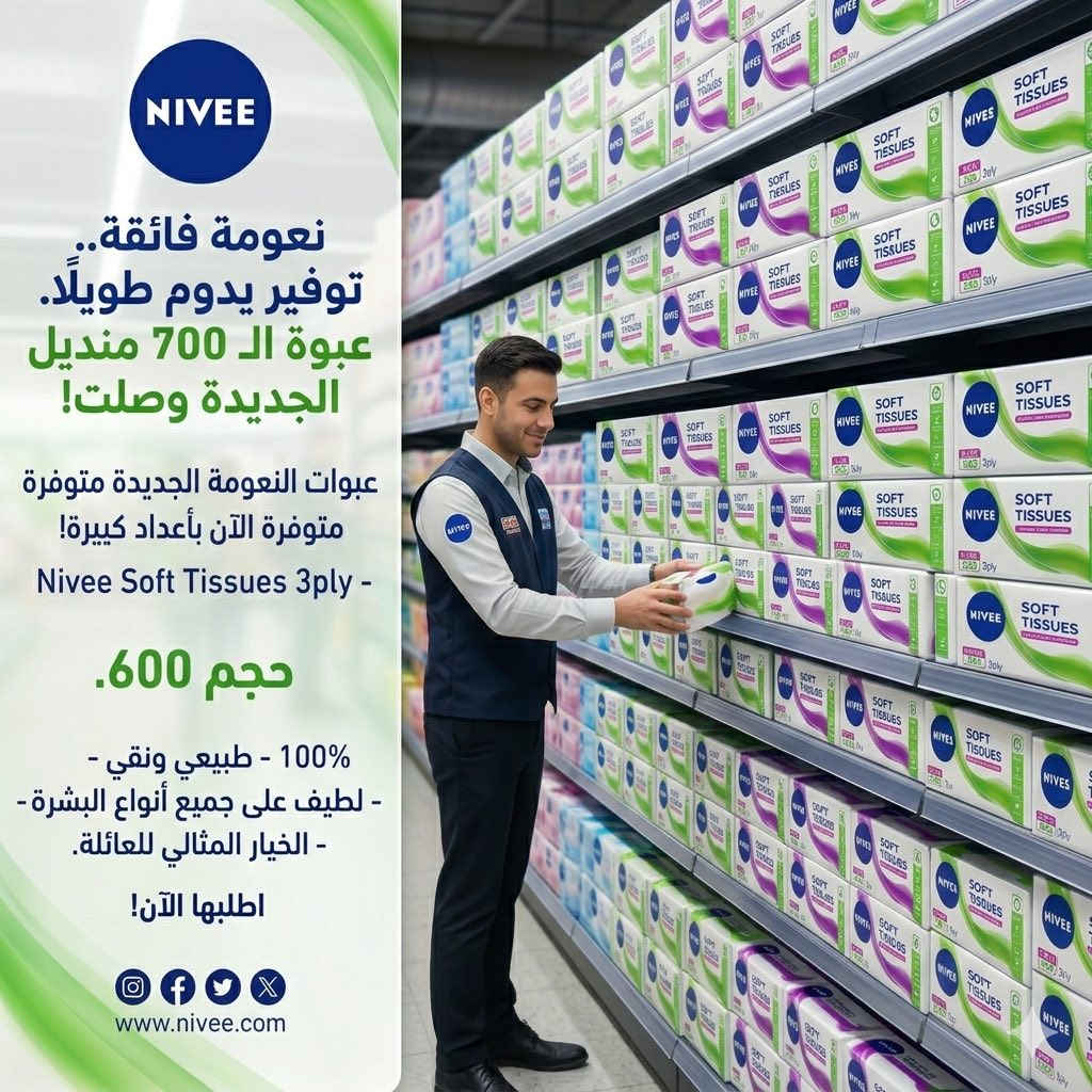 🧻 كلينكس قطن NIVEE — نعومة تستاهلها عائلتك
دلّل بشرتك مع مناديل كلينكس قطن NIVEE
✔️بقياس 700 و 600 
✔️ 3 طبقات
✔️ سوفت بملمس ناعم جداً
✔️ لطيف على البشرة ومناسب لكل أفراد العائلة
معمل براند بغداد للمناديل الورقية 
مطلوب وكلاء الئ جميع المحافظات
جملة ومفرد 
📍 الموقع: العراق— بغداد 
📞 للطلب: ***********

كلينكس… لأن التفاصيل الصغيرة تصنع الراحة
