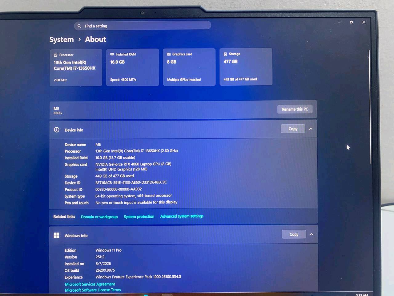 لابتوب لينوفو ليجن فايف
مواصفات
Rtx 4060 140TGP
i7 13650HX
16g ram ddr5 
512g 
شاشة 2.5k 
جهاز نظيف كامل ملحقات من شاحنه وماوس باد العيب الوحيد بس الزر الي ظاهر بالصوره ويكلف الفين دينار
السعر مليون ونص قفل قفل ربع دينار مابي
تواصل واتس 
***********
لحد يحرج نفسه ويجي يعامل ع سعر