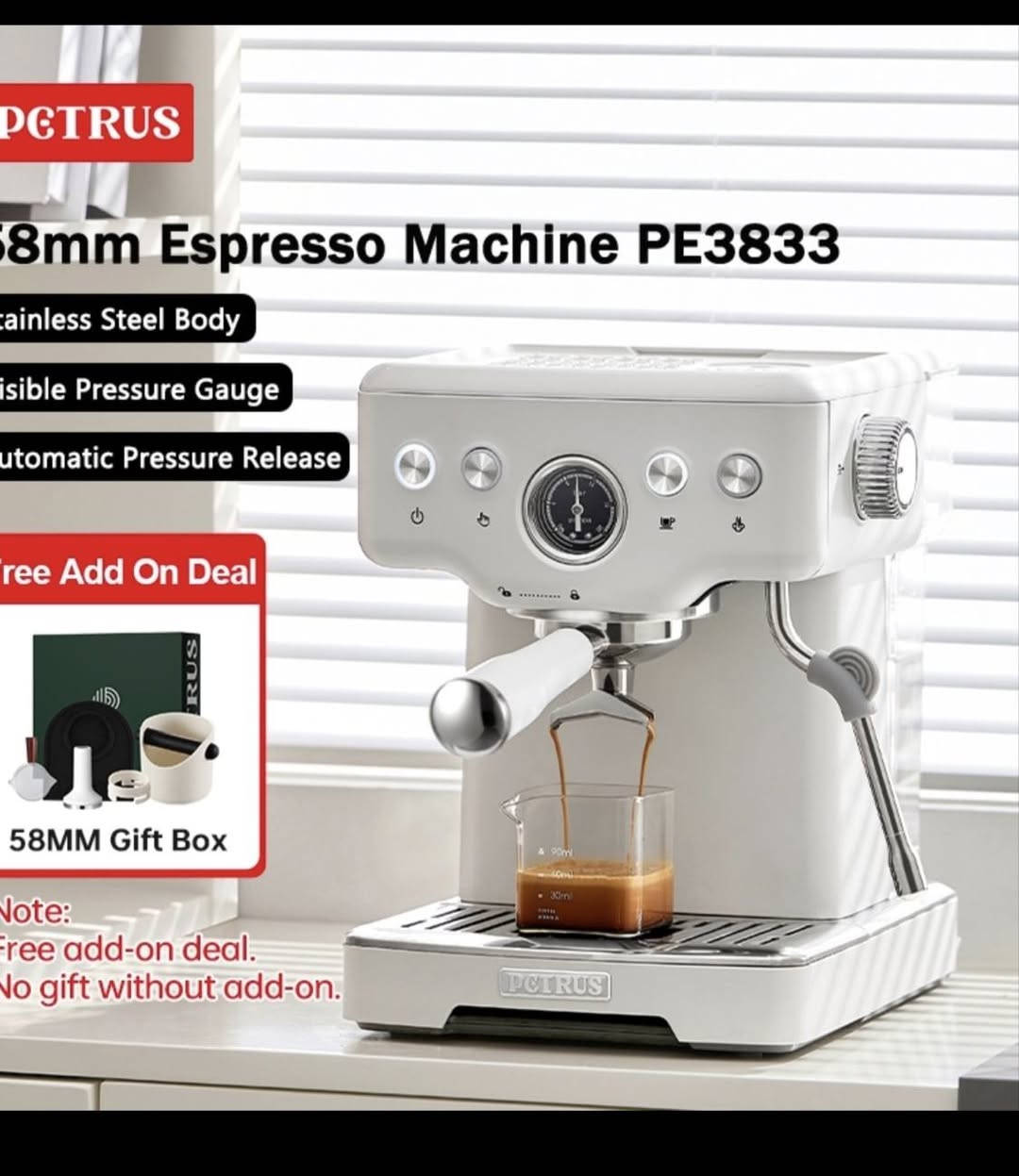 🆕 PETRUS PE3833
ماكينة قهوة إسبريسو جديدة بالكارتون 

☕️ إسبريسو احترافي

🥛 عصا تبخير للحليب

⚙️ بورتافلتر 58 مم

📩 للاستفسار مراسلتنا على الخاص.


**إذا كنت صاحب هذا الإعلان وتريد حذفه لأي سبب، رجاءا أرسل رسالة إلى الدعم الفني**