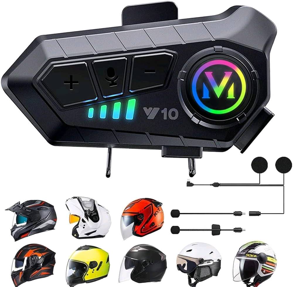 سماعة البلوتوث V10 هي جهاز اتصال داخلي (إنتركم) مصمم خصيصًا لخوذات الدراجات النارية، وتأتي مع ميزات متقدمة مثل تقنية إلغاء الضوضاء والقدرة على ربط عدة دراجين للتواصل. 
المواصفات والميزات الرئيسية
الاتصال: تستخدم تقنية البلوتوث 5.3 وتدعم الاتصال الداخلي بين راكبين لمسافة تصل إلى 300 متر (بعض الإصدارات تصل إلى 10 راكبين).
جودة الصوت: توفر صوت ستيريو عالي الدقة (Hi-Fi) بفضل مكبرات صوت بقياس 40 ملم وغشاء جرافين، مع تقنية CVC و DSP لإلغاء الضوضاء (حتى 100 كم/ساعة تقريبًا).
البطارية: مزودة ببطارية كبيرة بسعة 1000 مللي أمبير توفر عمر تشغيل طويل يصل إلى 32-60 ساعة من الموسيقى أو المكالمات، وتدعم الشحن السريع عبر منفذ Type-C.
مقاومة الماء: تتمتع بتصنيف IPX6 لمقاومة الماء، مما يجعلها مناسبة للاستخدام في مختلف الظروف الجوية مثل المطر أو الثلج.
ميزات إضافية: تشمل الرد التلقائي على المكالمات، ودعم المساعد الصوتي (Siri/مساعد Google)، وإمكانية مشاركة الموسيقى، وبعض الإصدارات تحتوي على أضواء RGB. 
تُعد هذه السماعة ترقية أساسية لأي راكب دراجة نارية يبحث عن تحسين التواصل والترفيه والأمان أثناء القيادة. 