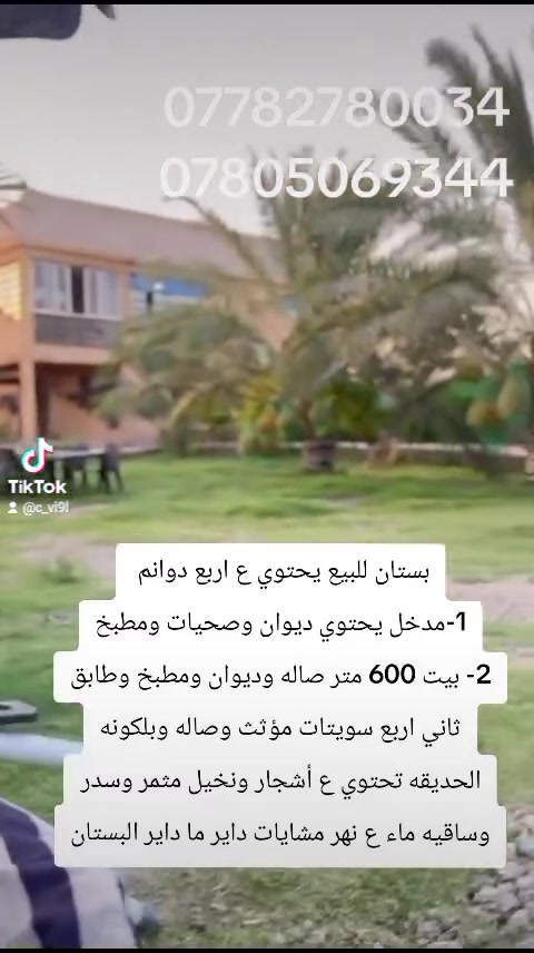 بستان للبيع طابو زراعي سند ٢٥
عنوان : ابو الخصيب السبيليات 
  يحتوي ع اربع دوانم 
1-مدخل يحتوي ديوان وصحيات ومطبخ
2- بيت 600 متر صاله وديوان ومطبخ وطابق ثاني اربع سويتات مؤثث وصاله وبلكونه الحديقه تحتوي ع أشجار ونخيل مثمر وسدر وساقيه ماء ع نهر مشايات داير ما داير البستان موقعه السبيليات دقايق للشارع العام
للاستفسار الاتصال على الارقام التاليه
***********
***********
